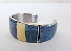 Vtg Estate Jewelry Artisan Metal Cuff Bracelet Coral Denim Blue & White Inlay