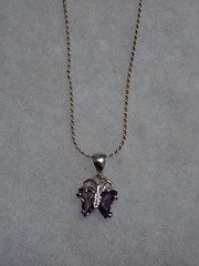 18K GP butterfly pendant necklace, purple stones, prong set, 18″