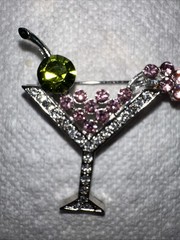 VTG Silver Tone Martini Brooch Green Pink Clear Rhinestones Cocktail Pin 2.0″