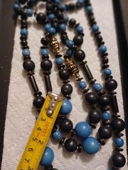 Vintage Necklace Blue Black Wood Bead Triple Strand Gold Tone Accents