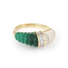 Fluted Rock Crystal Malachite Diamond Dome Ring Vintage 14k Yellow Gold Estate