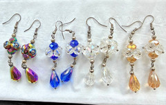 4 PAIR OF LONG CRYSTAL, DANGLING VINTAGE PIERCED EARRINGS, 2 5/8″