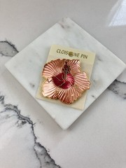 Vintage Cloisonné Gold Tone Pink Enamel Hibiscus Flower Brooch Pin
