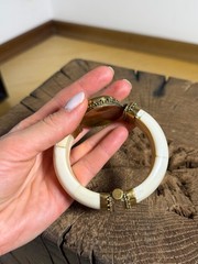 Antique Brass Buffalo Bone Cuff Bracelet Green Malachite Accent