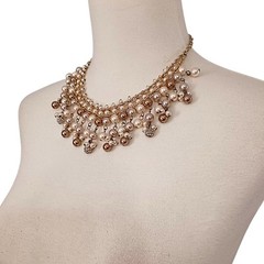 Y2K Bib Fringe Necklace Egyptian Revival Faux Pearl Gold Tone Victorian Vintage