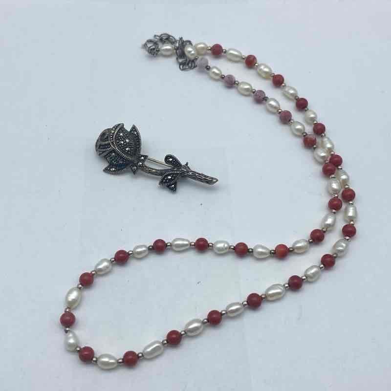 Sterling Silver 925 Pearl Red Coral Necklace Marcasite Rose Brooch Set 19.5″