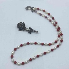 Sterling Silver 925 Pearl Red Coral Necklace Marcasite Rose Brooch Set 19.5″