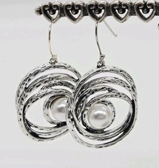 Spiral Earring Faux Pearl pierced Silver tone Hammered Dangle Boho 2.25 in
