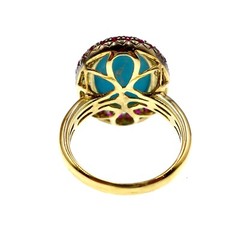 14k Solid Yellow Gold Natural Turquoise White Sapphire and Ruby HALO Ring Sz 5