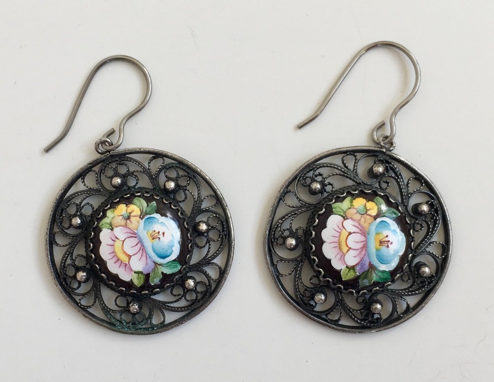 Vintage Painted Enameled Earring Soviet Cupronickel Finift Hand Wrought Filigree