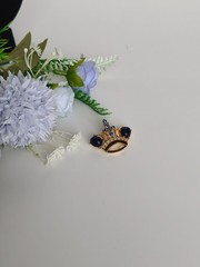 Trifari Crown Brooch Blue Cabochon Rhinestone Vintage Gold Tone Pin Pendant Book