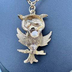 Vintage 1970s Owl Pendant Necklace Gold Tone Glazed Ceramic Orange Brown 24”