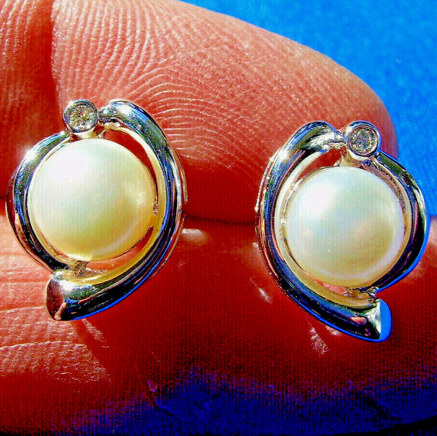 Original Elegant Pearl DIAMOND European Earrings Deco Design Syle Studs 14K GOLD