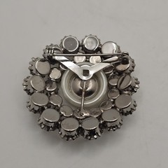 Vtg Rhinestone Large Faux Pearl Brooch Silver Tone Circular Pin Prong Set Stones