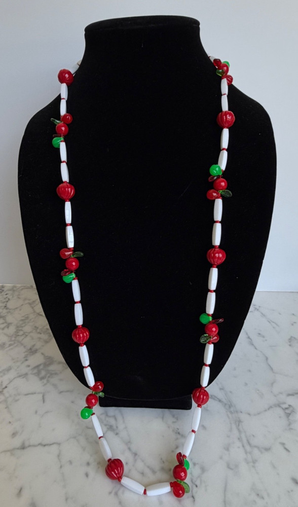 Acrylic Fruit Apple Pear Pomegranate Leaves Hand Strung Long Necklace Vintage