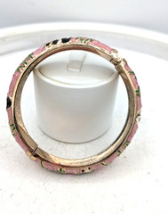 Vintage Cloisonne Panda Hinged Bracelet Pink Enamel Bamboo Gold Tone Bangle