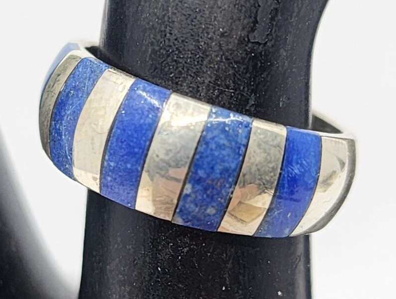 Vintage 950 Silver Mexico Lapis Lazuli Inlaid Flush Domed Ring Band Size 7