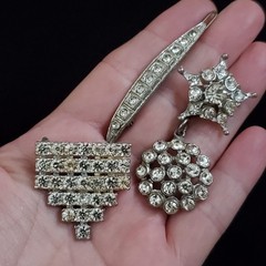 Vintage Pot Metal Lot Rhinestone Brooch Pendant Barrette Silver Tone