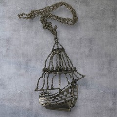 Vintage Sailing Ship Necklace Silver Tone Nautical Pendant 60s 70s