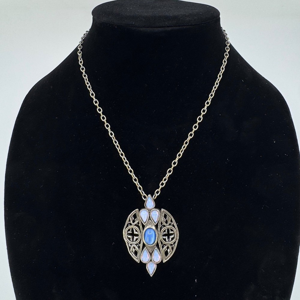 Vintage Miracle Celtic Pendant Necklace Blue Cabochon Faux Opal Silver Tone 17in