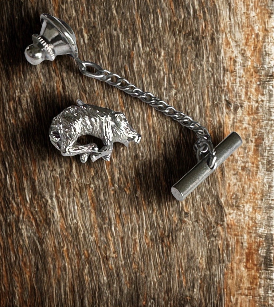 Vintage 3D Silver Tone Razorback Wild Boar Tie Tack with Security Button Chain