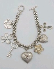 Vintage Silver Tone Chunky Charm Bracelet Heart Key Clover 8″ Cross Love Luck