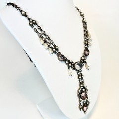 Vintage Moonstone Rhinestone Simulated Pearl Necklace Victorian Poured Glass