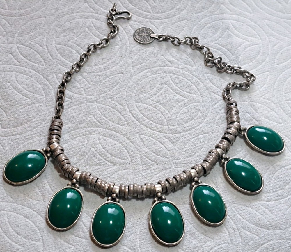 Vintage Old Pawn Necklace w 1″ Green Stones, Hand Made Coin Silver Settings 18″