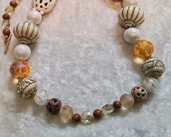 Vintage Long Graduated Topaz Cream Acrylic Porcelain Owl Beaded Necklace 26in
