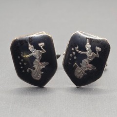 VTG Siam Sterling Silver Niello Cufflinks .75in Thai Dancer Signed Willy Co