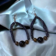 Beaded Hoop Earrings Black Dangle Large Metallic Bohemian Lightweight Vtg Witchy
