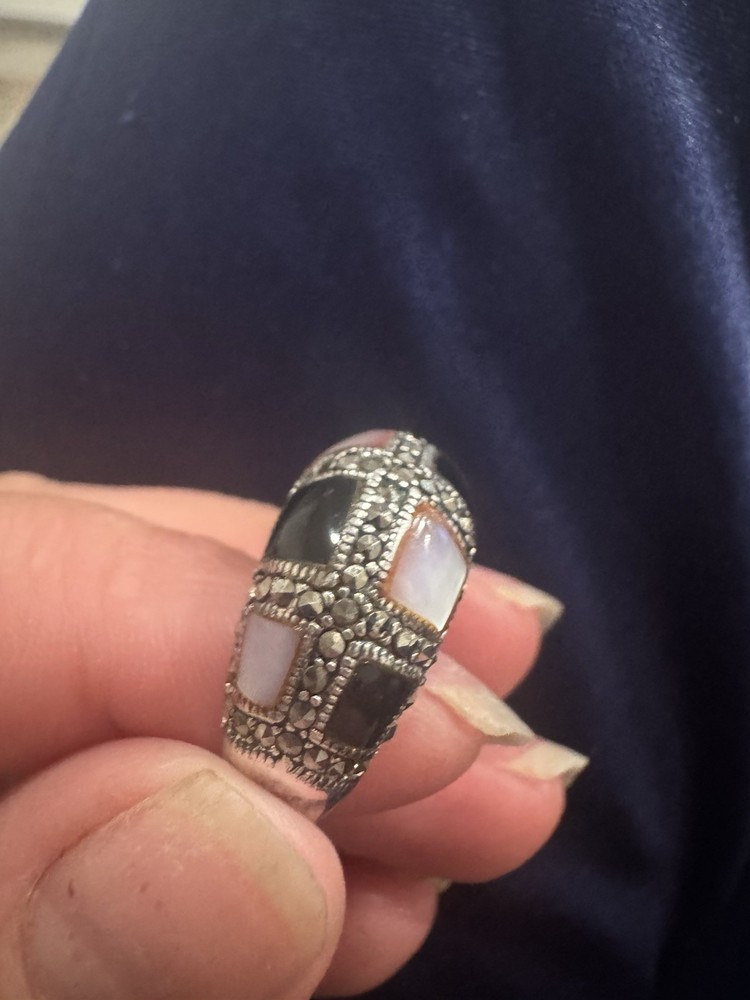Vintage Sterling Silver Ring Cubic Zirconia Onyx Mother Of Pearl Size 7 A2