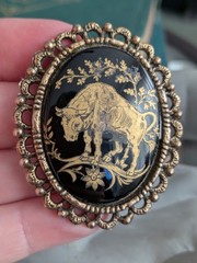 Damascene VTG Astrology Pin Jewelry Taurus Bull Cameo Brooch Animal Art