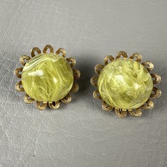 Vintage Necklace Earring Set Lime Green Marbled Lucite Double Strand Clip On