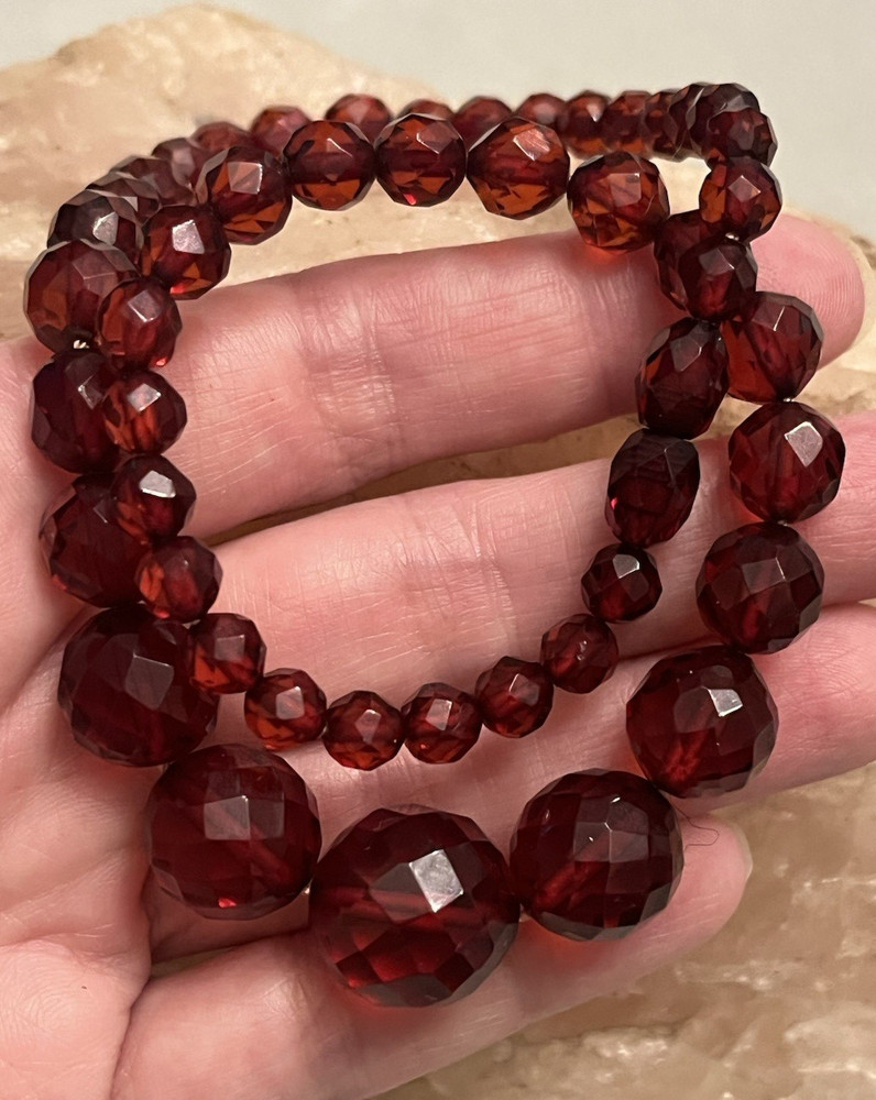 Vintage, Art Deco, Cherry Amber, Faceted Bakelite 15″ Necklace-Simi Tested