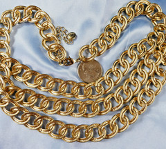 Pretty Triple Chain Link Bib Necklace Gold Tone w/ Tiny Marcasites