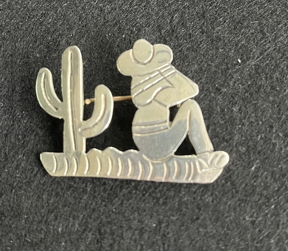 Sterling Silver Pin Made In Taxco, Mexico Sleeping Man & Cactus