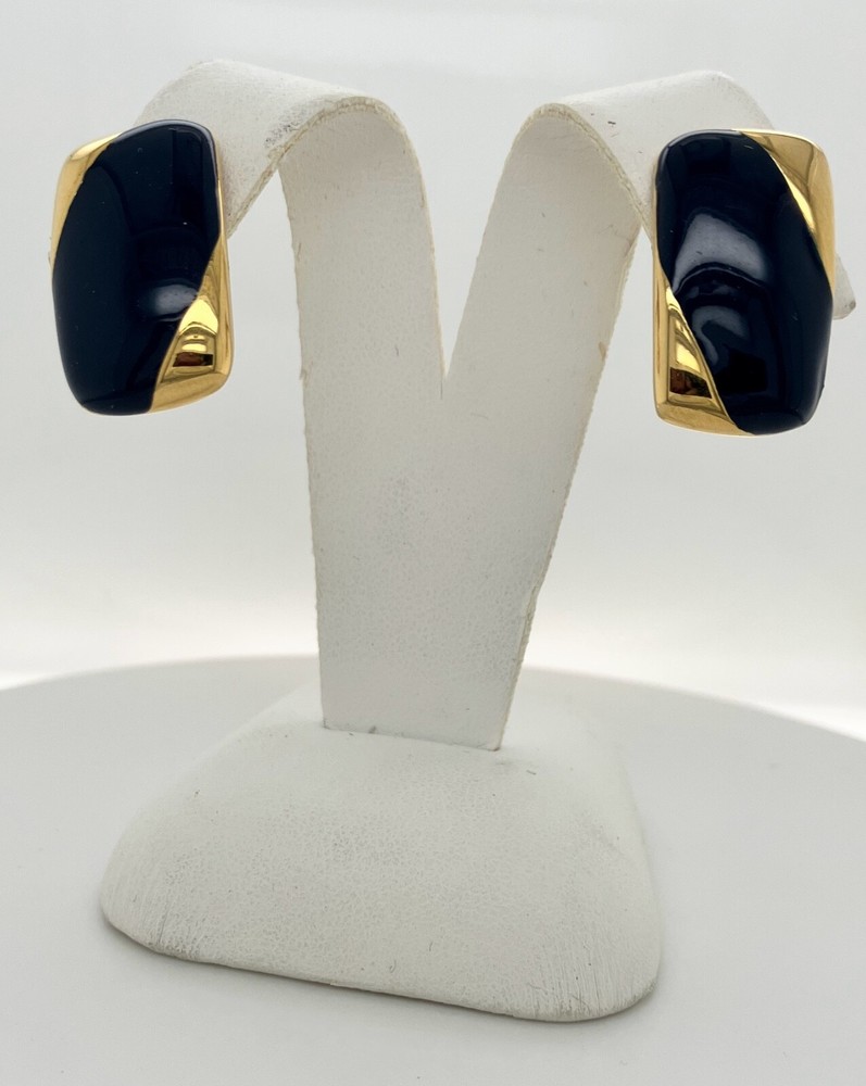 NAPIER Vintage Screwback Earrings in Gold Metal with Navy Blue Enamel