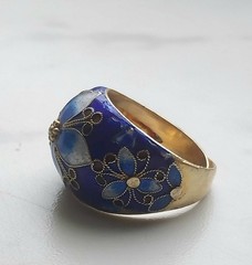 Vtg Antique Chinese Export Silver Gilt Blue Enamel Cloisonne Flower Dome Ring