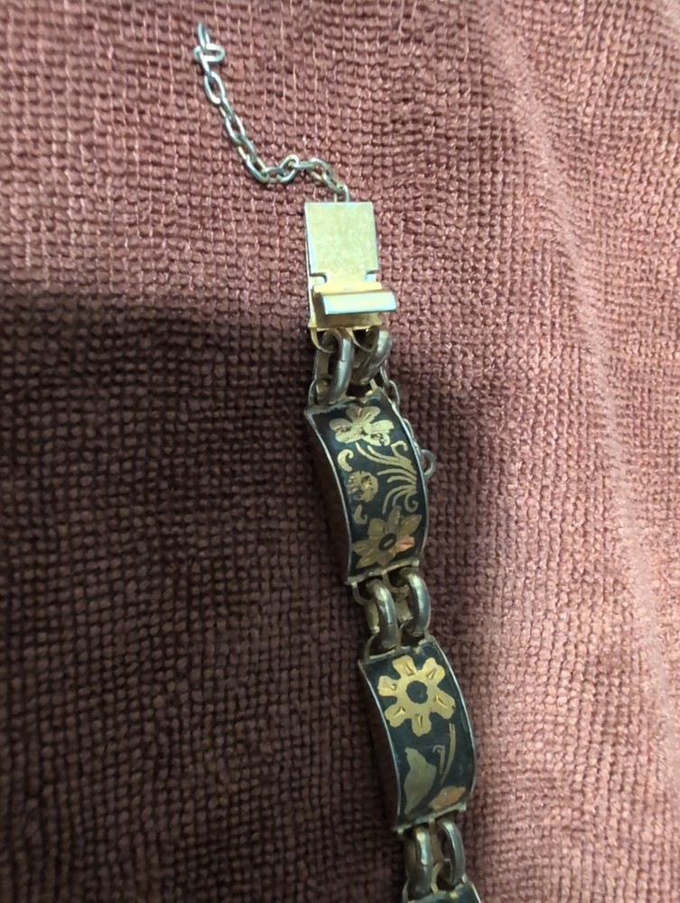 Vintage Damascene Birds and Flowers 7 Inches Bracelet Safety Chain