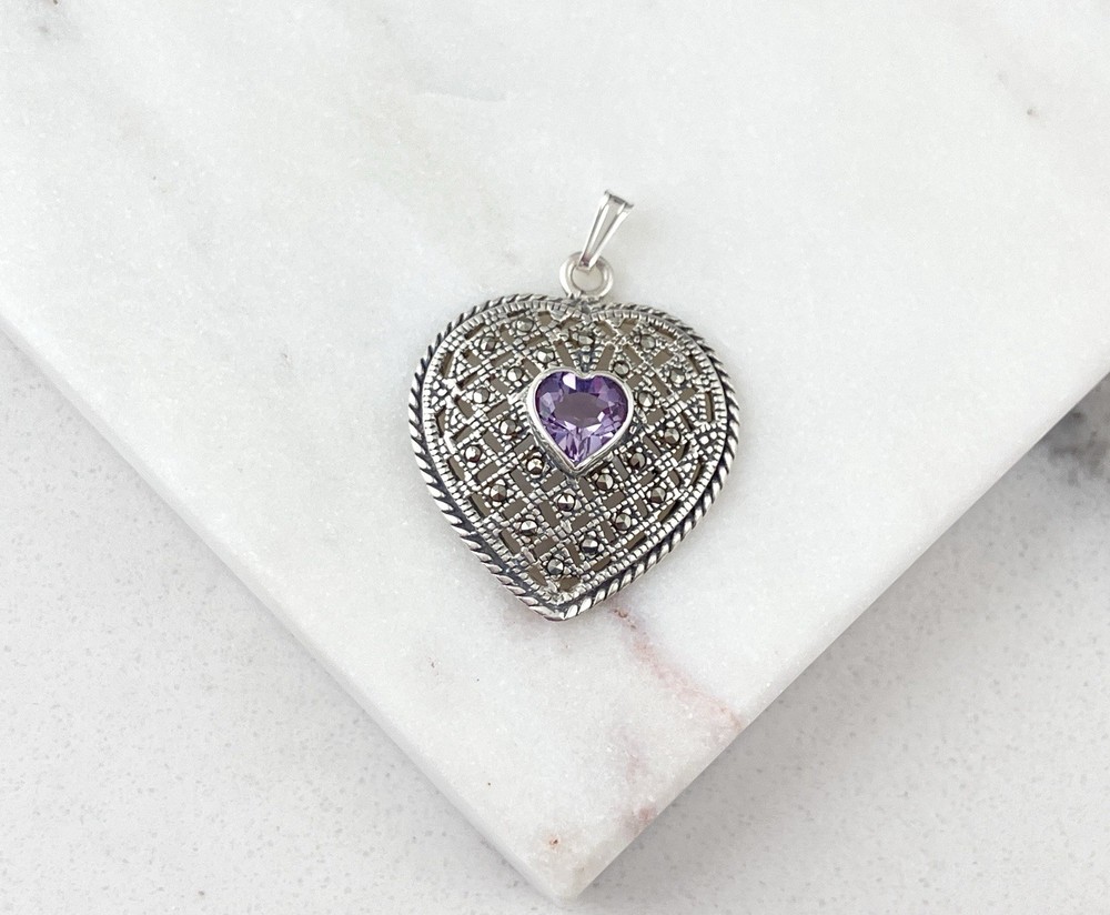 Vintage 925 Sterling Silver Deco Marcasite Purple Amethyst Heart Pendant