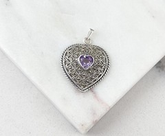 Vintage 925 Sterling Silver Deco Marcasite Purple Amethyst Heart Pendant