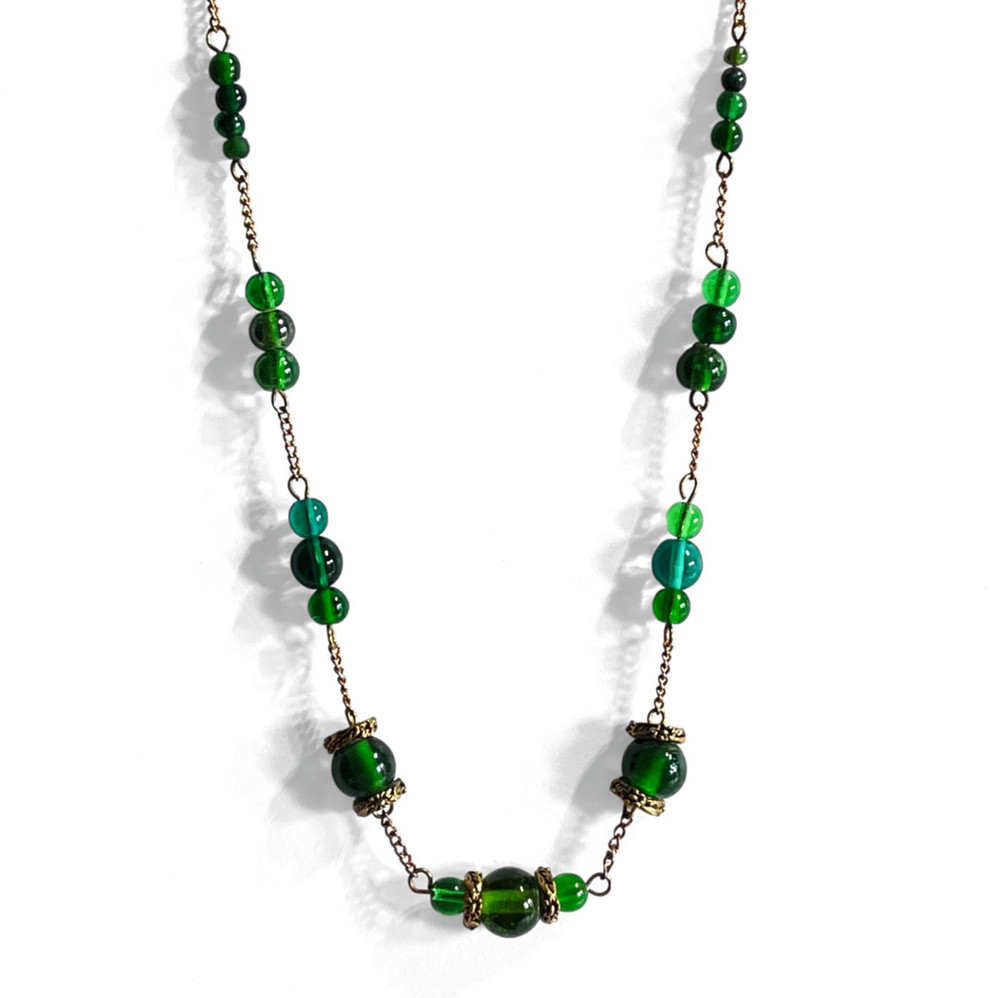 Vintage Necklace Green Art Glass Boho Gold Tone Chain Beaded Handmade Bib 17.75″