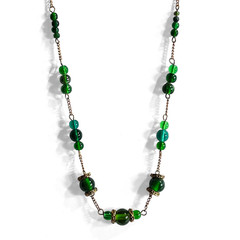 Vintage Necklace Green Art Glass Boho Gold Tone Chain Beaded Handmade Bib 17.75″