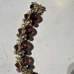Gold Tone Floral Leaf Link Bracelet Purple Teardrop Rhinestones Blue, Box Clasp