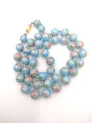 Vintage Hand Painted Faux Cloisonne Porcelain Bead Knotted Necklace Blue 25″