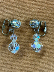 Pair Of Vintage Crystal Glass Bead Dangle Drop Clip On Earrings Granny Core