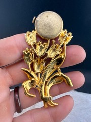 Vintage Welsbro Watch Brooch Tulips Pot Metal Rhinestone NICE Untested
