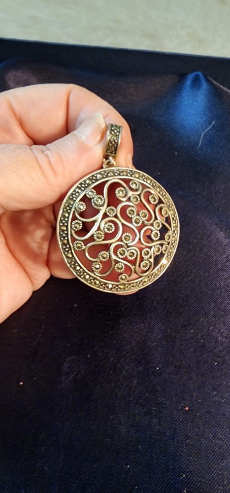 VTG ART DECO REVIVAL STERLING 925 SCROLL MARCASITE PENDANT 2″ Stunning