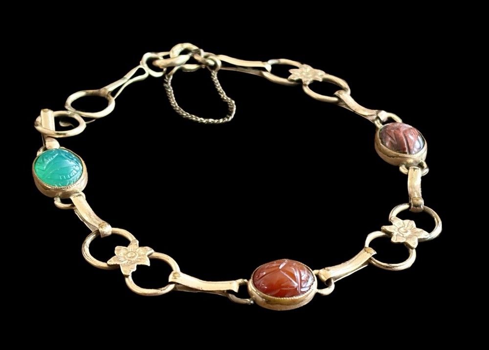 VTG 10K GF Egyptian Revival Agate Scarab Bracelet~Flower Links~1950s